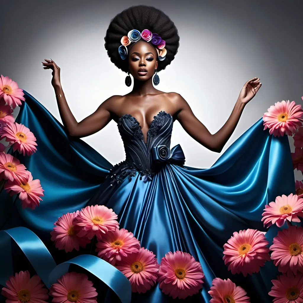 Prompt: Glamour photography of a beautiful dark skin african women, tall and slender, fit, adorned in a ball gown made of multiple flowers, dancing with billowing ribbons upon each arm, hyper realistic, hyper detailed, photography

