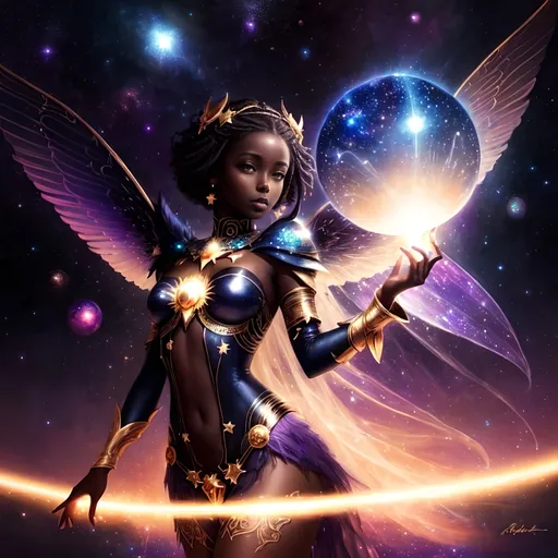 Prompt: Surrealism dark skin African woman with multiple wings, holding a glowing light ball, space background with stars and glowing light, fantasy art, detailed painting, anime art, beautiful, surreal, wings, glowing light, space background, stars, dark skin, African woman, fantasy, professional, detailed, highres, surrealism, anime, multiple wings, fantasy art, glowing ball, space, stars, beautiful woman, dark skin, surreal, detailed painting, space, fantasy