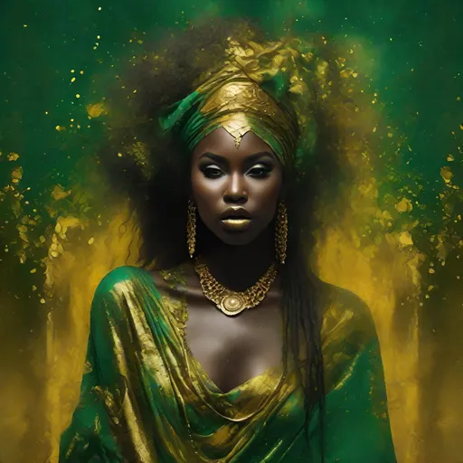 Prompt: full body melting covered in melted gold, beautiful young african women, exotic smokey green dark fantasy background, hyper detailed, hyper realistic, dynamic

