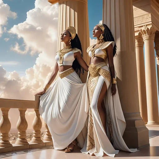 Prompt: Photorealistic matte painting of a Nubian woman, Ann Thetis Blacker, standing on a balcony next to a tall pillar, sky background with clouds, beautiful dress, afrofuturism, Egyptian art, realistic skin tones, detailed facial features, elegant pose, high quality, photorealism, matte painting, afrofuturism, Nubian beauty, elegant dress, detailed surroundings, atmospheric lighting