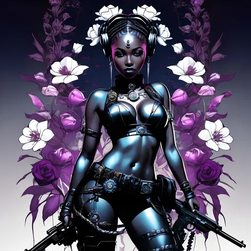 Prompt: A beautiful african women, long flowing goddess braids, with guns and flowers, steampunk art, dark fantasy cyberpunk, background with white flowers, blue roses, and magenta magnolias, highres, detailed, artstyle-steampunk, Aleksi Briclot, afrofuturism, yukito kishiro, cyberpunk, guns and flowers, professional, atmospheric lighting