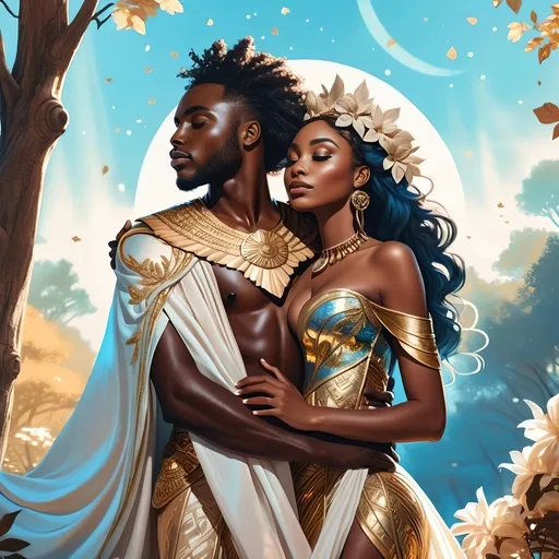 Prompt: a dark skin african, couple embracing in a forest with flowers on their chest and a blue sky behind them, with a bright light shining through the leaves, Cyril Rolando, fantasy art, highly detailed digital painting, a detailed painting