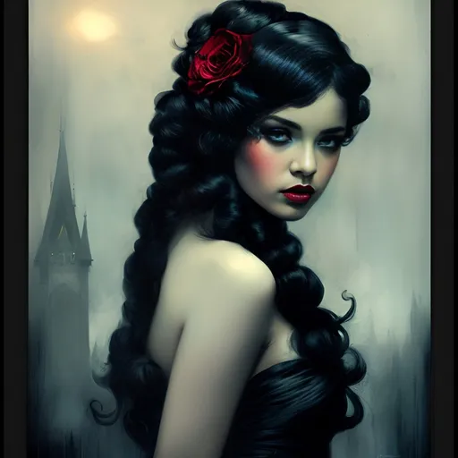 Prompt: <mymodel> The Blue Queen 2d dark j horror anime style, boy, anime scene Glamour photography a beautiful young african woman with a victorian era black, red, blue puffy ballroom gown dress and a flower in her hair and a black rose, white magnolia's in her hair long flowing beautiful goddess braids, Looking down on people from a ballroom balcony, insane expression, full body hourglass figure Bastien L. Deharme, fantasy art, dark fantasy art, a character portrait in the style of Guy Aroch captured with soft focus and muted colors typical of early film photography, 3d, photo