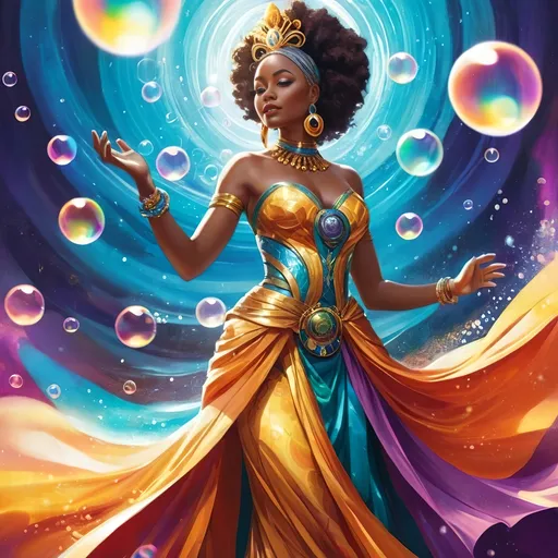 Prompt: Beautiful African queen in regal dress, vibrant and colorful background, swirling bubbles in the air, ethereal stream of light, Android Jones, afrofuturism, magic the gathering artwork, concept art, high quality, Pokemon style, regal attire, colorful background, swirling bubbles, ethereal light, afrofuturism, Android Jones, vibrant, majestic, fantasy art, detailed artwork, mystical atmosphere