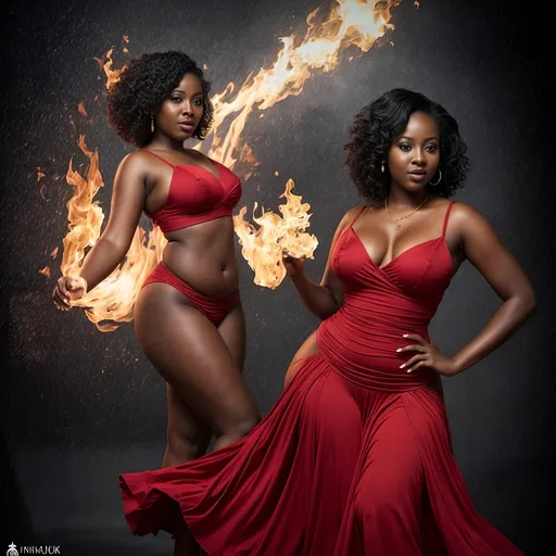 Prompt: Photorealistic painting of a beautiful deeply dark skin African woman, full body, hourglass figure, curvy hottie, tiny waistline, arms outstretched in the air, elegant red dress, Charlie Bowater, Harlem Renaissance, Magic The Gathering artwork, concept art, highres, detailed, photorealism, curvy, elegant, vibrant colors, joyful expression, hourglass figure, detailed clothing, professional lighting, raining fire in the background