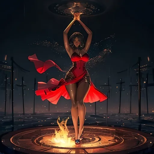 Prompt: Photorealistic image of a beautiful deeply dark skin African woman, full body, hourglass figure, curvy hottie, tiny waistline, arms outstretched in the air, elegant red dress, Charlie Bowater, Harlem Renaissance, Magic The Gathering artwork, concept art, highres, detailed, photorealism, curvy, elegant, vibrant colors, joyful expression, hourglass figure, detailed clothing, professional lighting, raining fire in the background, double exposure