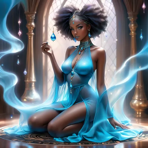 Prompt: Dreamy pastel portrait, witch, afrocentric <mymodel> blue queen, full body hour glass figure, sensually kneeling in magically imbued liquid, young black african women, ethereal atmosphere, soft focus, fantasycore
