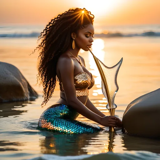 Prompt: afrocentric, beautiful african women as a mermaid, photorealistic exquisitely detailed carving the transparent water sculpture of beautiest long haired beauty at the warm summer golden hour with magic wand of senksualpunk proctologist beach wonde, captured with soft focus and muted colors typical of early film photography