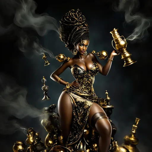 Prompt: beautiful exotic dark skin african women, hourglass curvy , full body pose, looking toward the camara, chemical peel, thick swirling spools of smoke lingering in the background, hyper realistic, hyper detailed, photorealism, afrocentric, melting liquid shiny gold pouring over various parts of her body dynamic, captured with soft focus and muted colors typical of early film photography, captured with long exposure photography Nikon D850 DSLR camera f/4. ISO 200