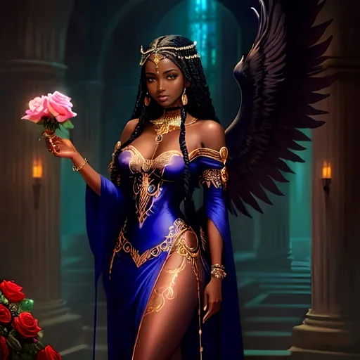 Prompt: Young beautiful dark skin African woman, long flowing goddess braids, with rose in hand, wings on chest, Anne Stokes, fantasy art, dark fantasy art, airbrush painting, ads-luxury, high-end, high quality, detailed, professional, luxurious, exotic, elegant, fantasy, dark tones, dramatic lighting, luxurious, intense gaze, divine beauty, roses, feathers, airbrushed, glamorous