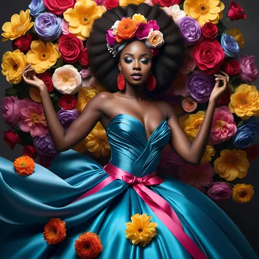 Prompt: Glamour photography of a beautiful dark skin african women, tall and slender, fit, adorned in a ball gown made of multiple flowers, dancing with billowing ribbons upon each arm, hyper realistic, hyper detailed, photography

