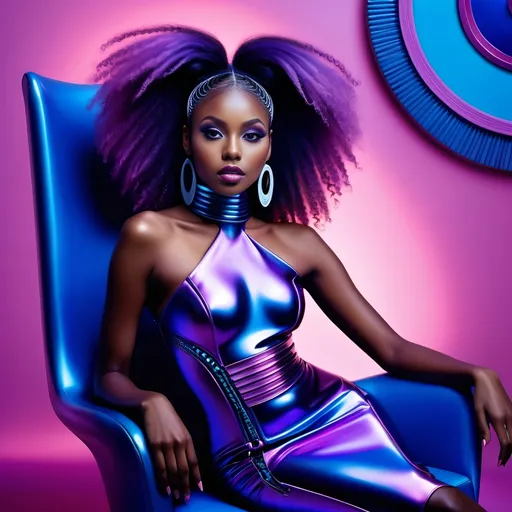 Prompt: Futuristic-biomechanical, beautiful, young dark skin african woman in purple dress, sitting on chair, pink and blue background, David LaChapelle, fine art, contemporary art, painting, highres, ultra-detailed, biomechanical, purple dress, futuristic, detailed facial features, vibrant colors, sleek design, professional, atmospheric lighting, contemporary style, intense gaze, pink and blue color tones