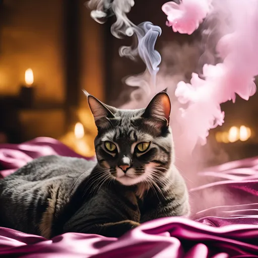 Prompt: exotic african female cat women, cuddling among a pile of silk pillows, showered in glitter, and smoke, hyper realistic, hyper detail, captured with soft focus and muted colors typical of early film photography
