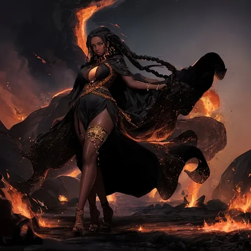 Prompt: young beautiful deeply dark skin african women who is rising up out of molten lava, full body, hourglass figure, curvy hottie with long black goddess braids standing in a rugged volcanic landscape, with molten lava flowing around her in a dress that blends into the flames and molten rock, the ground bears the fresh marks of lava, hyper-detailed