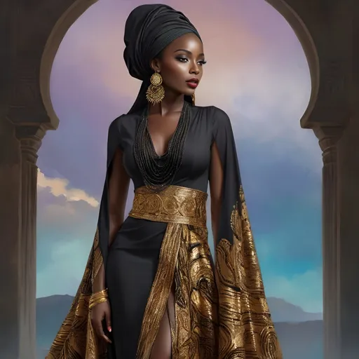 Prompt: Beautiful deeply dark skin African woman in full-body fashion editorial style, wearing long flowing modest garments, with hourglass figure, black head dress, gold necklace and earrings, standing in front of an arch, Chinwe Chukwuogo-Roy, highly detailed digital painting, fantasy art, ads-fashion editorial style, full body, elegant, regal, traditional, detailed, glamorous, high fashion, vibrant colors, professional lighting