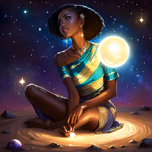 Prompt: a young beautiful dark skin african woman sitting on the ground holding a light ball in her hand and a space background with stars and a glowing light, Fan Qi, fantasy art, anime art, a detailed painting