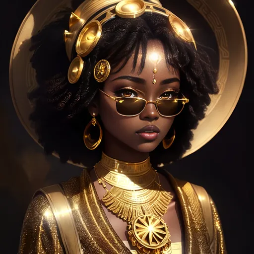 Prompt: Beautiful young dark skin African woman, gold dress, sunglasses, photorealistic painting, Afrofuturism, fashion editorial, gold stars, bubbles, Chinwe Chukwuogo-Roy, black background, highres, ads fashion, editorial, photorealistic, African, stylish, glamorous, detailed, gold tones, professional lighting