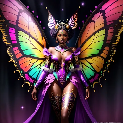 Prompt: Fantasy depiction of a beautiful young dark skin african woman in vibrant butterfly costume, ethereal wings, regal tiara, afrofuturism, dark fantasy art, David LaChapelle, highres, detailed, fantasy style, vibrant colors, ethereal lighting, dark fantasy, butterfly costume, regal tiara, afrofuturism, detailed wings, professional, poster-worthy