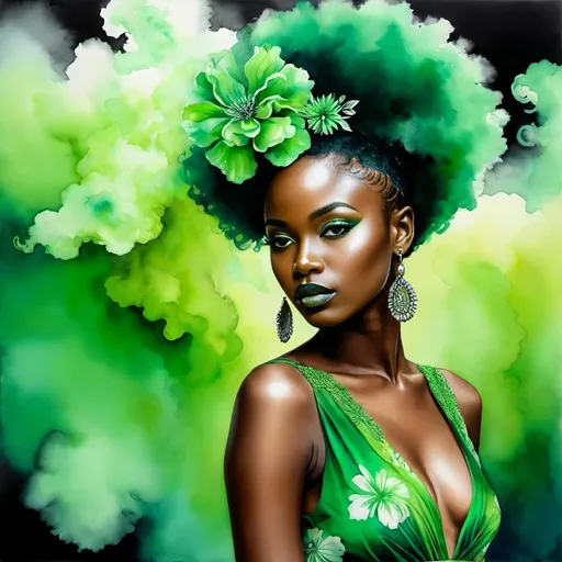 Prompt: beautiful dark skin young african women, watercolor painting of Chinwe Chukwuogo-Roy in a green dress, green smoke cloud in her hair, afrofuturism, fashion photography, photorealistic, green floral details, vibrant colors, detailed facial features, high quality, watercolor, afrofuturism, fashion, vibrant colors, photorealistic, detailed dress, green smoke, detailed facial features, professional, artistic lighting