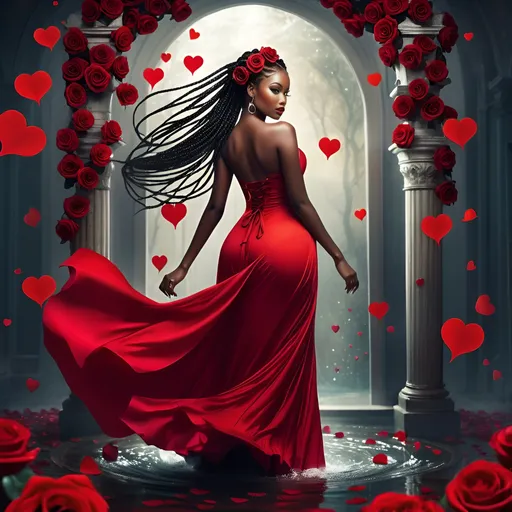 Prompt: 2d dark j horror anime style, anime scene Glamour photography Glamour photography a beautiful young african woman with a red dress and a red rose in her hair long flowing beautiful goddess braids, full body passionately posed, floating hearts scattered about in the background, hourglass figure Bastien L. Deharme, fantasy art, dark fantasy art, a character portrait in the style of Guy Aroch captured with soft focus and muted colors typical of early film photography captured with soft focus and muted colors typical of early film photography, 3d, photo
