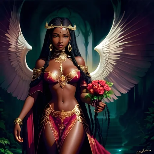 Prompt: Young beautiful dark skin African woman, long flowing goddess braids, with rose in hand, wings on chest, Anne Stokes, fantasy art, dark fantasy art, airbrush painting, ads-luxury, high-end, high quality, detailed, professional, luxurious, exotic, elegant, fantasy, dark tones, dramatic lighting, luxurious, intense gaze, divine beauty, roses, feathers, airbrushed, glamorous