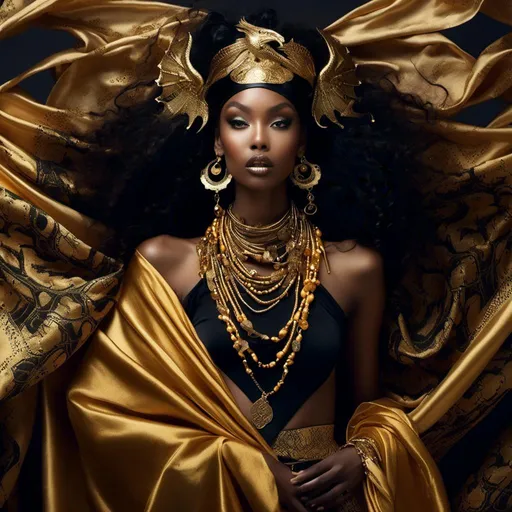Prompt: <mymodel>African goddess draped in scarves, dancing with the grace of a divinity, gold and black color scheme, majestic dragon draped over her shoulders, photo-film noir style, divine presence, elegant and powerful, intricate gold jewelry, mysterious and captivating, flowing scarves, high contrast lighting, cinematic, luxurious, regal, goddess, dragon, scarves, gold and black, photo-film noir, elegant, powerful, captivating, cinematic lighting