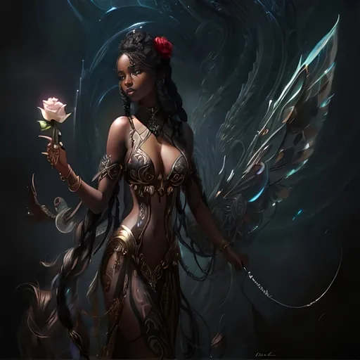 Prompt: Young beautiful dark skin African woman, long flowing goddess braids, with rose in hand, wings on chest, Anne Stokes, fantasy art, dark fantasy art, airbrush painting, ads-luxury, high-end, high quality, detailed, professional, luxurious, exotic, elegant, fantasy, dark tones, dramatic lighting, luxurious, intense gaze, divine beauty, roses, feathers, airbrushed, glamorous