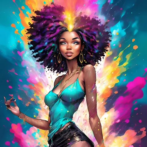 Prompt: delightful and passionate, female afrocentric changling full body, DnD style, exploding beautiful aura's raining outward during the process of a magical transformation of her skin complexion, intricate detail, hyper realisti



