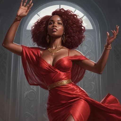 Prompt: a painting of a beautiful african woman, full body, hourglass figure, curvy hottie, tiny waistline in a red dress with her arms outstretched in the air and her hands in the air, Charlie Bowater, harlem renaissance, magic the gathering artwork, concept art