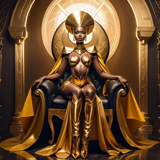 Prompt: Beautiful dark skin African woman, full body hourglass figure, gold outfit with a golden cape and headpiece, sitting sensually on a throne, Chinwe Chukwuogo-Roy inspiration, afrofuturism, anime style, concept art, highres, fashion editorial, luxurious gold tones, regal aura, intricate details, elegant poses, professional lighting