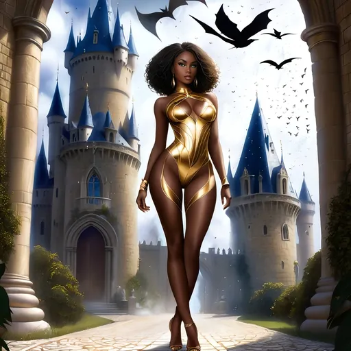 Prompt: a young beautiful dark skin african woman with beautiful intricately detailed facial features, full body, hourglass figure, curvy hottie in a gold bodysuit standing in front of a castle entrance with a bat flying overhead and a bird flying overhead, Bastien L. Deharme, fantasy art, dark fantasy art, a matte painting