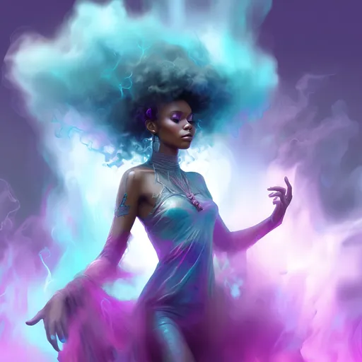Prompt: a delightful and passionate, female afrocentric changling women full body, DnD influenced style, exploding beautiful aura's of purple, aqua, and magenta raining outward behind her while she is in the process of a magical transformation of her skin complexion and physical body, blue light effects, opacity and translucency, mist and thin whisps of smoke, ghost effectintricate detail, hyper realistic, simple drawing paintbrush style

