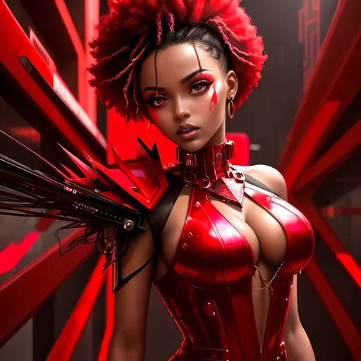Prompt: Beautiful African woman in red dress, shattered glass, red lights, David LaChapelle, afrofuturism, promotional image, cyberpunk art, ads-fashion editorial style, high fashion, vibrant red, shattered glass, dynamic lighting, high energy, professional, edgy, highres, stylish, afrofuturism, editorial, dramatic pose, futuristic, intense gaze, urban setting, sleek design, fashionable, vibrant red background, dynamic composition