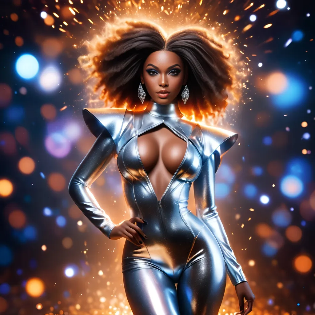 Prompt:  <mymodel> divinity, an image of holographic, beautiful dark skin beyonce,full body fashion model pose, wearing designer clothing, fine ultra-detailed realistic, ultra photorealistic, dressed in designer attire, sparking silver and burnt orange glitter exploding in the background, soft focus, tilt-shift


