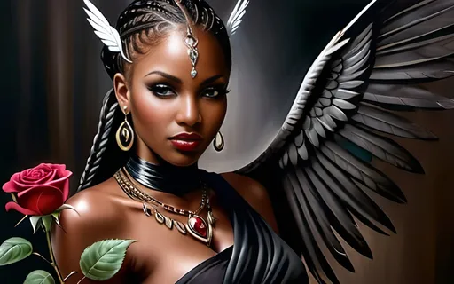 Prompt: Young beautiful dark skin African woman, long flowing goddess braids, with rose in hand, wings on chest, Anne Stokes, fantasy art, dark fantasy art, airbrush painting, ads-luxury, high-end, high quality, detailed, professional, luxurious, exotic, elegant, fantasy, dark tones, dramatic lighting, luxurious, intense gaze, divine beauty, roses, feathers, airbrushed, glamorous