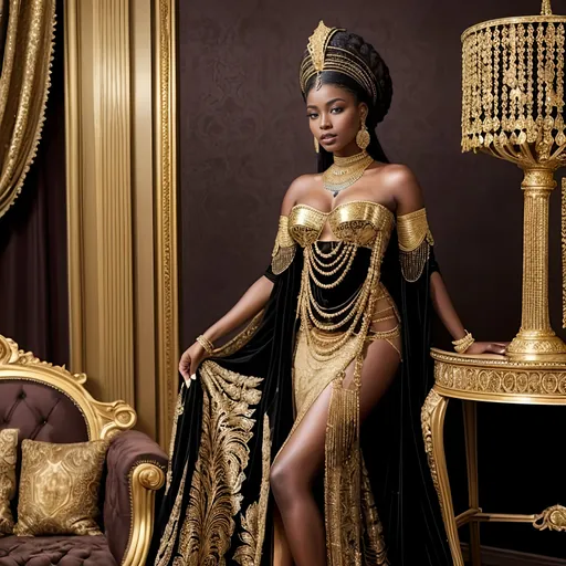 Prompt: Vintage-style portrait of a young, beautiful African woman, rich in dark skin tones and elegant features, elaborate black and gold costume, posing in a luxurious room with distinct gold furniture and an exquisite portrait of Chinwe Chukwuogo-Roy, afrofuturism, elaborate, Egyptian art, vintage, detailed facial features, sophisticated art style, warm, soft lighting, high quality, detailed, rich color palette, opulent atmosphere