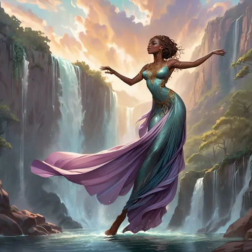 Prompt: Art Nouveau-style illustration of a graceful beautiful young dark skin african woman in a flowing dress, arms outstretched, magical waterfall background, Clint Cearley inspired, fantasy art, Magic the Gathering artwork, concept art, flowing dress, elegant pose, nature elements, high quality, detailed, Art Nouveau, fantasy, magical, waterfall backdrop, graceful, enchanting, detailed hair, professional lighting