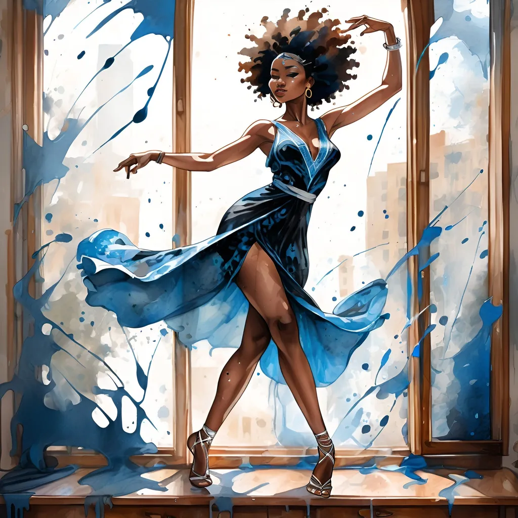 Prompt: digital watercolor painting,full body dancing in front of the window, afrocentric, dynamic, paint splatter, black and blue, bold brush strokes, art nouveau