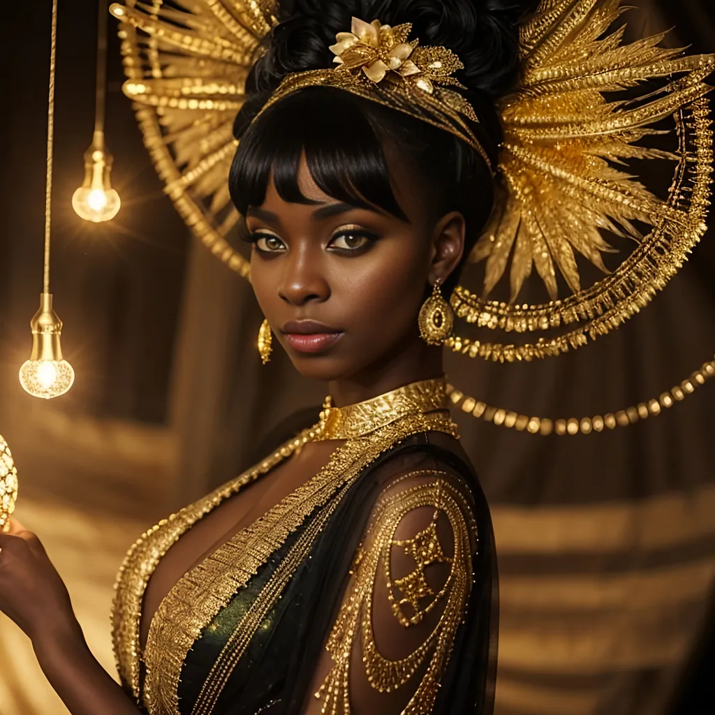 Prompt: highly detailed digital painting, surrealism, beautiful african girl, soft glowing green eyes, gold dress, black hair with gold ribbon, Chinwe Chukwuogo-Roy, fantasy art, airbrush painting, surreal, glowing eyes, gold ribbon, detailed, soft lighting, green eyes, digital art, fantasy, surrealistic painting, highly detailed, gold dress, black hair, elegant, ethereal, atmospheric lighting