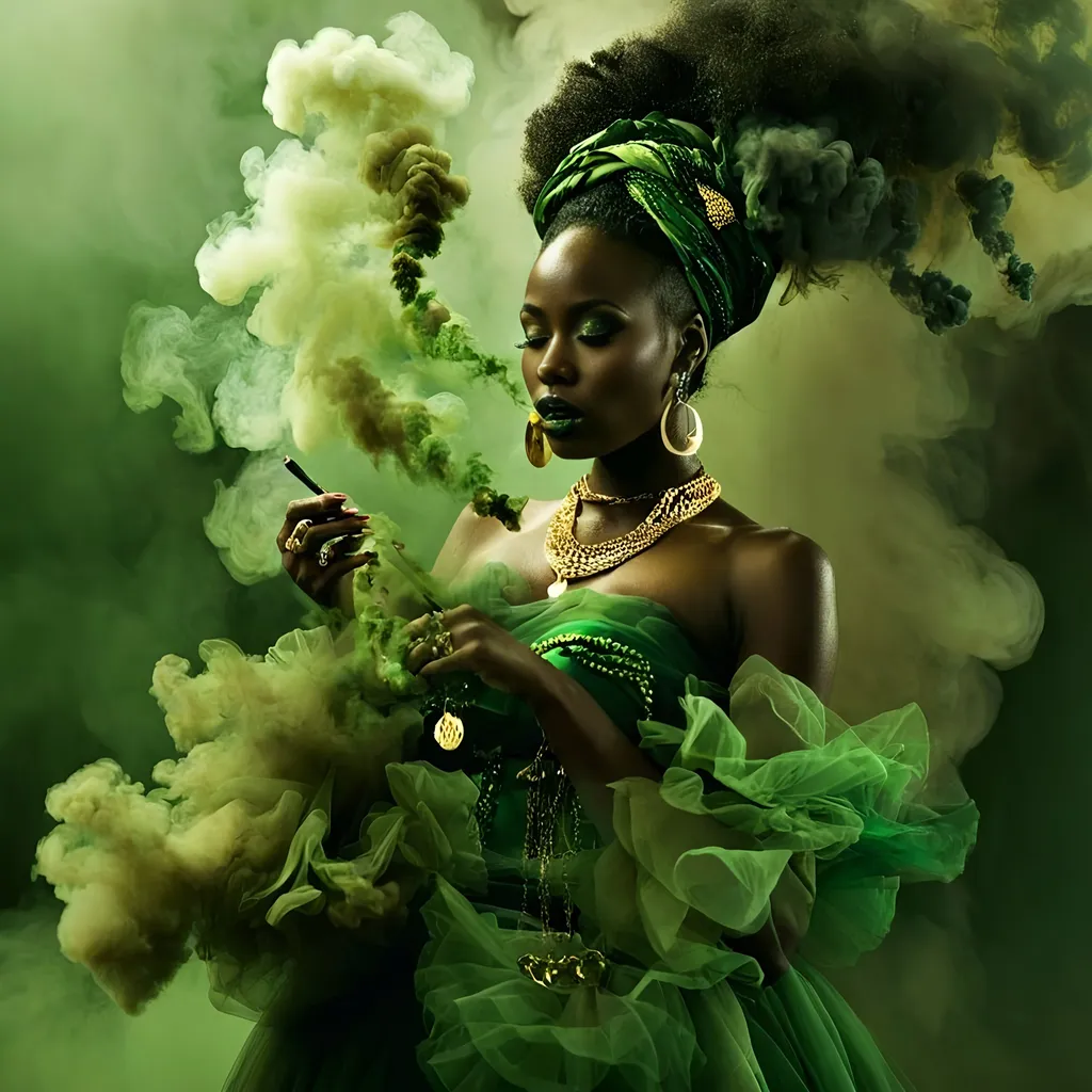 Prompt: <mymodel> divinity, deeply dark skin young beautiful african Woman in green dress, gold necklace, surrounded by smoke, Alberto Seveso, Afrofuturism, airbrush painting, smoke in the air, high detail, misc-gothic, atmospheric lighting, behance HD, Afrofuturism, airbrush painting, green dress, gold necklace, smoky atmosphere