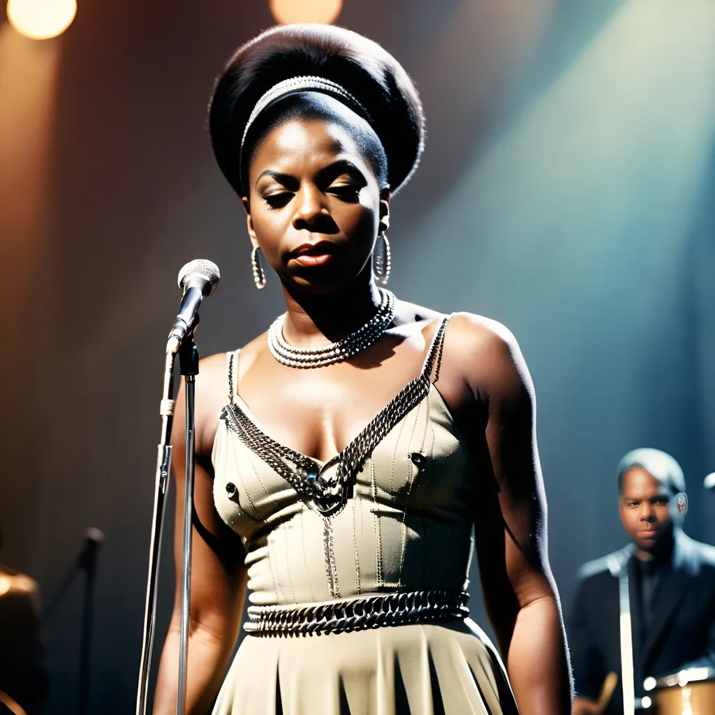 Prompt: nina simone, hyper detailed, full body performance on stage, hyper realistic, musical background, with chains broken and free of any hostage, captured with soft focus and muted colors typical of early film photography