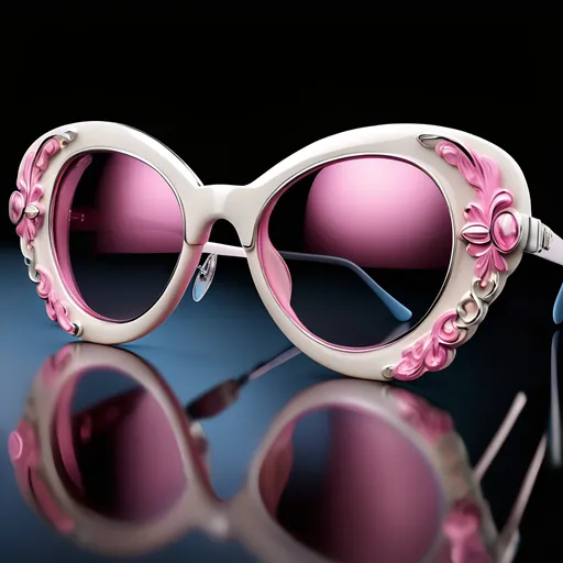 Prompt: (best quality, 8K, high resolution, masterpiece), ultra detailed, (3D CGI), a beautiful pair of sunglasses, trendy, fashionable, pink, silver and black stylized almond shape eyeglass frame, on a black background, countryside advertising, winning photo, afrocentric, blue silver and ivory