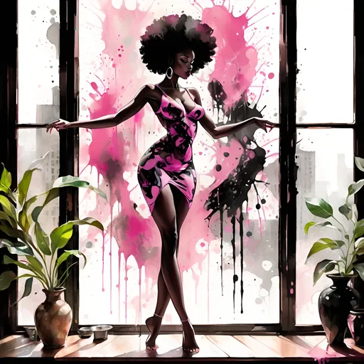 Prompt: digital watercolor painting,full body standing in sensual pose in front of the window, afrocentric, dynamic, paint splatter, black and pink, bold brush strokes, art nouveau