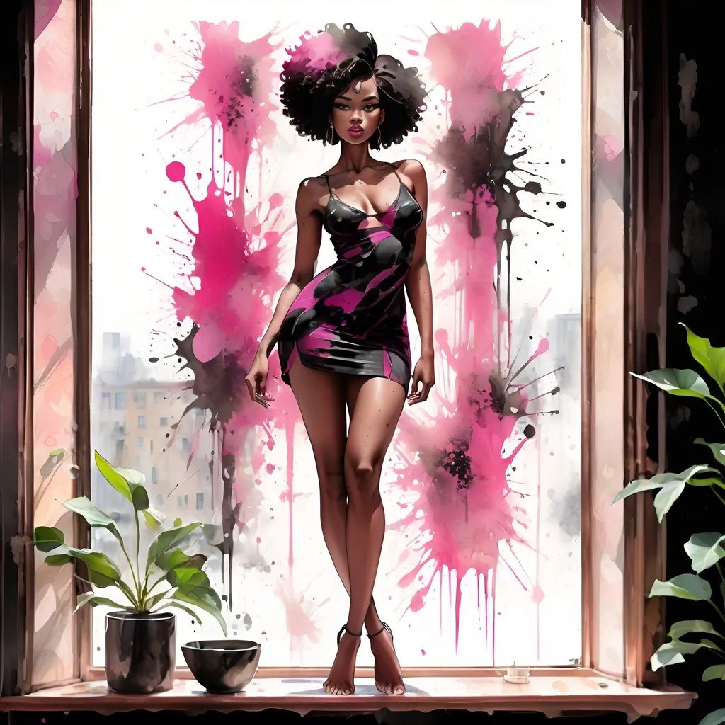 Prompt: digital watercolor painting,full body standing in sensual pose in front of the window, afrocentric, dynamic, paint splatter, black and pink, bold brush strokes, art nouveau