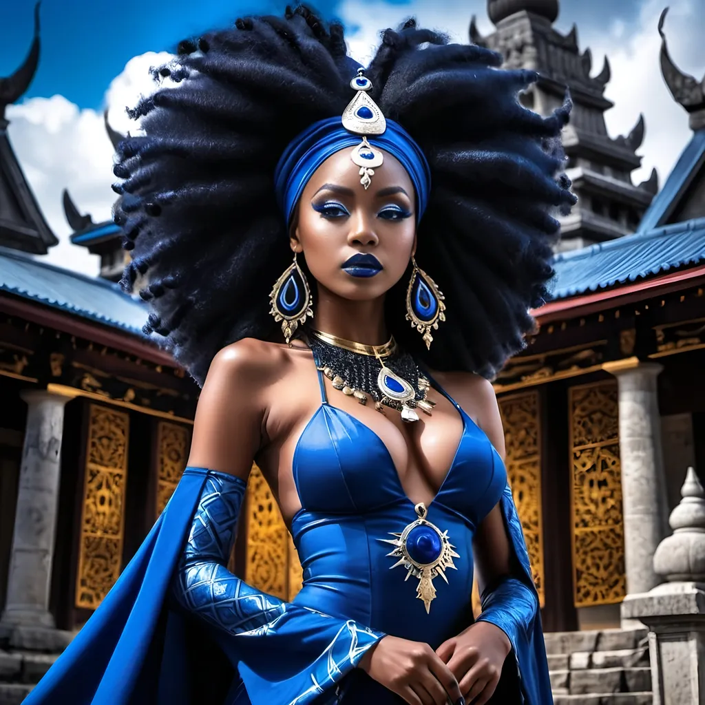 Prompt: Glamour photography of <mymodel> the blue queen,afrocentric, ancient black magic witch very beautiful standing in front of temple, 2d dark j horror anime style, anime scene, 3d, photo, hyper-realistic, hyper-detailed