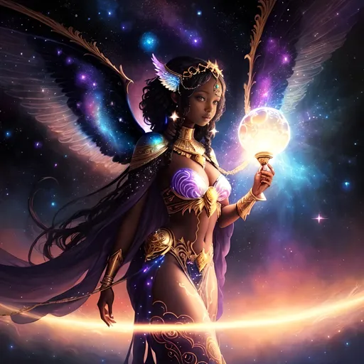 Prompt: Surrealism dark skin African woman with multiple wings, holding a glowing light ball, space background with stars and glowing light, fantasy art, detailed painting, anime art, beautiful, surreal, wings, glowing light, space background, stars, dark skin, African woman, fantasy, professional, detailed, highres, surrealism, anime, multiple wings, fantasy art, glowing ball, space, stars, beautiful woman, dark skin, surreal, detailed painting, space, fantasy