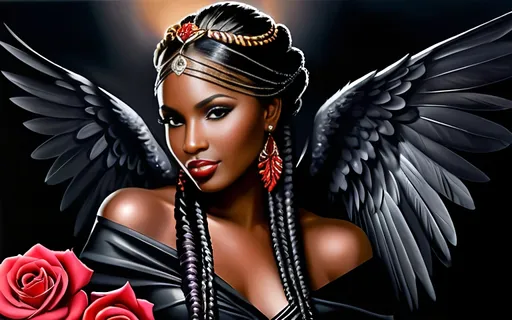 Prompt: Young beautiful dark skin African woman, long flowing goddess braids, with rose in hand, wings on chest, Anne Stokes, fantasy art, dark fantasy art, airbrush painting, ads-luxury, high-end, high quality, detailed, professional, luxurious, exotic, elegant, fantasy, dark tones, dramatic lighting, luxurious, intense gaze, divine beauty, roses, feathers, airbrushed, glamorous