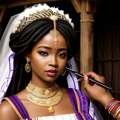 Prompt: afrocentric a beautiful African Village bride in placing a curse on a rival on her wedding day, hyper-detailed, hyper-realistic, photorealistic, photography

