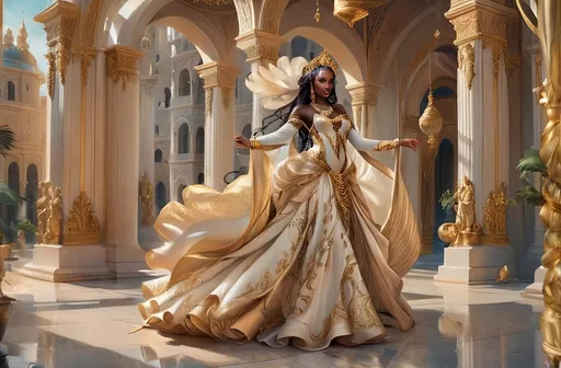 Prompt: Renaissance-style masterpiece of a regal beautiful dark skin African woman, elegant gold and white gown, ornate palace setting, large archway and arches, marble sculpture, Aramenta Dianthe Vail, fantasy art, high quality, regal, majestic, detailed gown, traditional, opulent, renaissance, palace, marble, grand architecture, luxurious, beautiful, serene, historical, intricate details, professional artistry, vibrant color palette, soft natural lighting