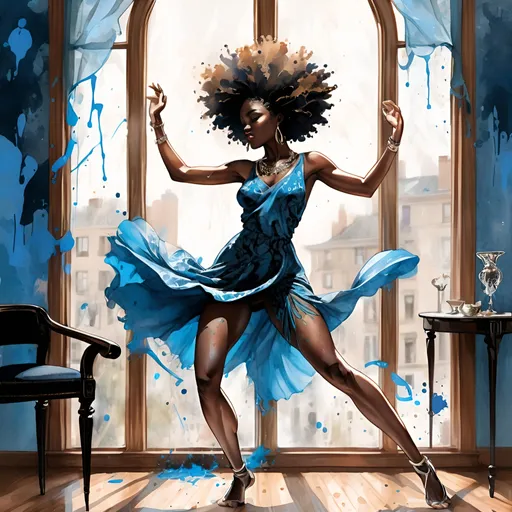 Prompt: digital watercolor painting,full body dancing in front of the window, afrocentric, dynamic, paint splatter, black and blue, bold brush strokes, art nouveau
